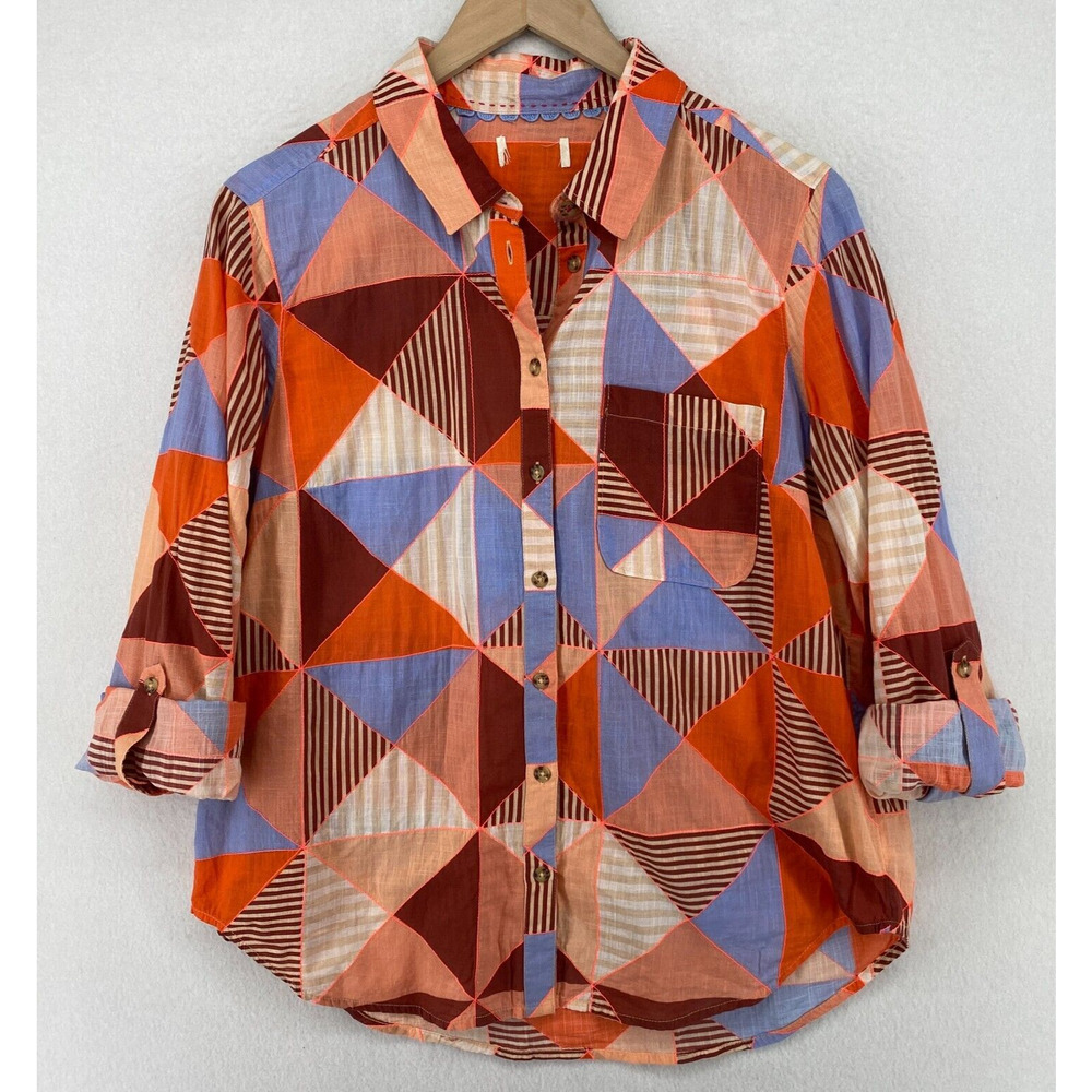 MAEVE ANTHROPOLOGIE Top L Patchwork Shirt Button Front Roll Tab Sleeve Pink Blue